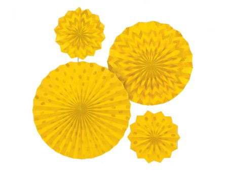 Yellow Sunshine Dots & Chevron Glitter Paper Fans 4pcs Fashion