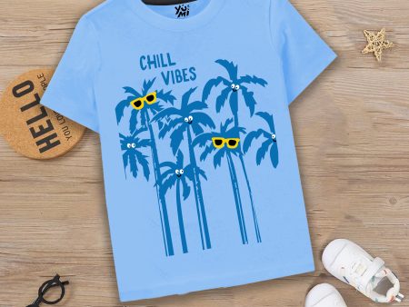 Stay Cool with Our Sky Blue T-Shirt - Chilling Vibes with Tree Print For Sale