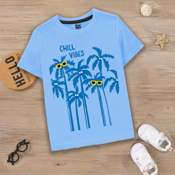 Stay Cool with Our Sky Blue T-Shirt - Chilling Vibes with Tree Print For Sale