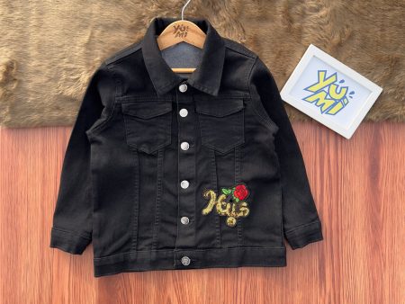 Stylish Girls Black Denim Jacket with Sequin Rose Patch For Cheap