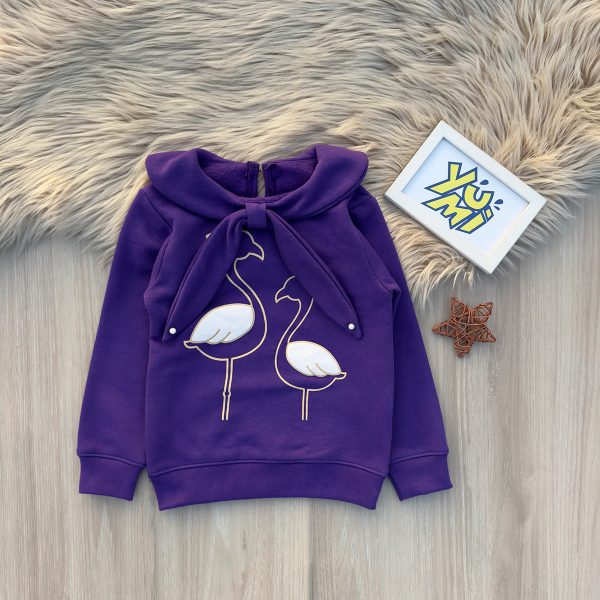 Stylish Girls  Purple Flamingo Sweatshirt with Bow Collar For Cheap