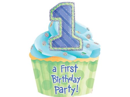 1st Birthday Blue Jumbo Invitations 8 x 6in, 8pcs on Sale