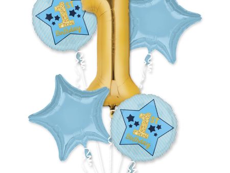 Boy 1st Birthday Bue & Gold Balloon Bouquet 5pcs Online now