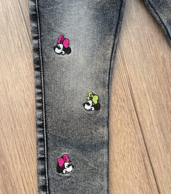 Stylish Faded Black Girls  Jeans with Minnie Mouse Embroidery For Cheap