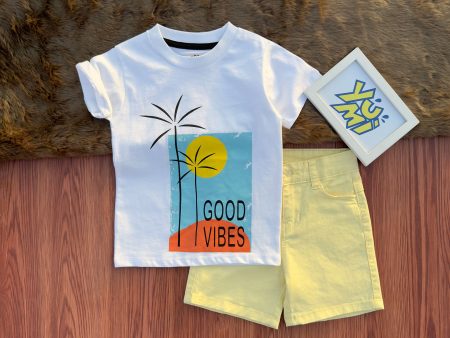 Trendy Kids’ White Printed Tee and Yellow Cotton Shorts Pair set Sale