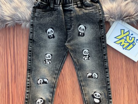 Adorable Panda Embroidered Kids  Black Jeans Sale