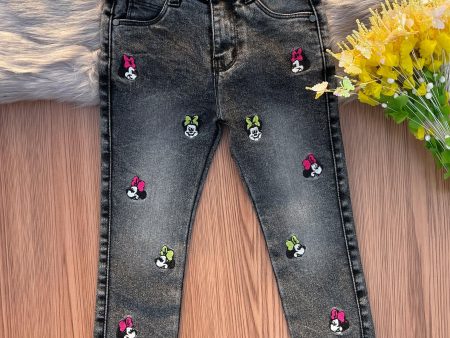 Stylish Faded Black Girls  Jeans with Minnie Mouse Embroidery For Cheap