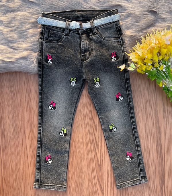 Stylish Faded Black Girls  Jeans with Minnie Mouse Embroidery For Cheap