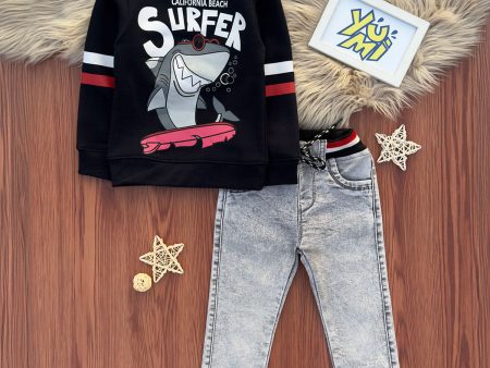 Trendy Boys  Outfit Pair: Surfer Theme Sweatshirt with Jeans Online Hot Sale