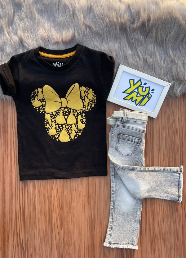 Shine Like Minnie: Girls Gold Print T-Shirt with Grey Flare Fit Bell Bottom Jeans Set Sale