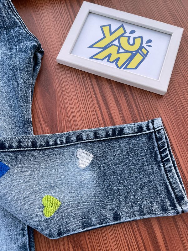 Girls   Blue Jeans with Colorful Heart Embroidery Cheap