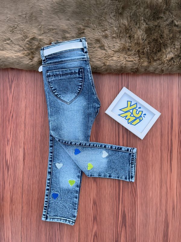 Girls   Blue Jeans with Colorful Heart Embroidery Cheap