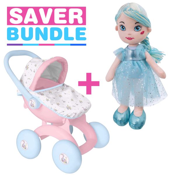 BabyBoo My First 4-IN-1 Dolls Pram + Rosie Rag Doll - Blue Bundle Hot on Sale