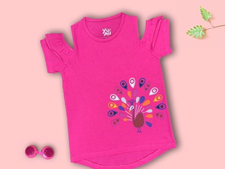 Stylish Girls Pink T-Shirt with Peacock Printing | Unique Shoulder Design For Discount