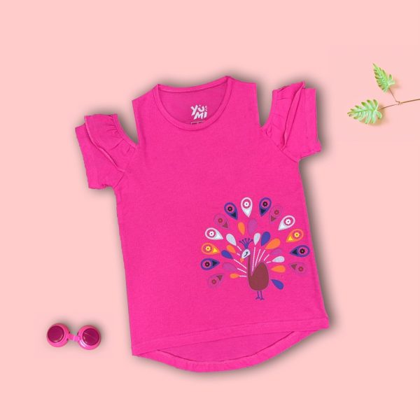 Stylish Girls Pink T-Shirt with Peacock Printing | Unique Shoulder Design For Discount