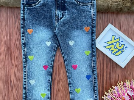 Girls   Blue Jeans with Colorful Heart Embroidery Cheap