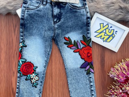 Girls Blue Jeans with Multicolor Embroidery Patch Online