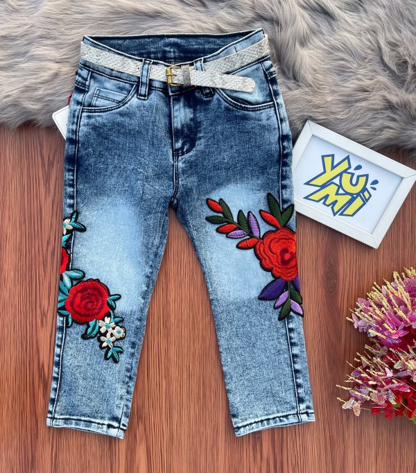 Girls Blue Jeans with Multicolor Embroidery Patch Online