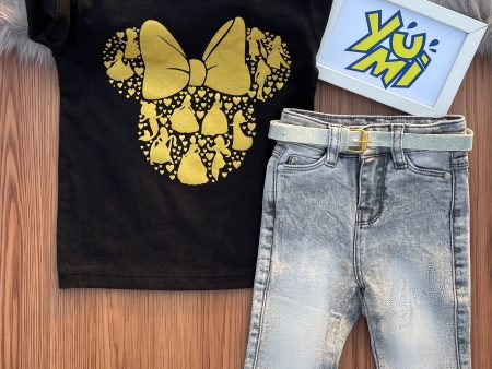 Shine Like Minnie: Girls Gold Print T-Shirt with Grey Flare Fit Bell Bottom Jeans Set Sale