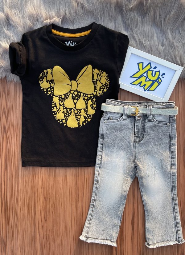 Shine Like Minnie: Girls Gold Print T-Shirt with Grey Flare Fit Bell Bottom Jeans Set Sale