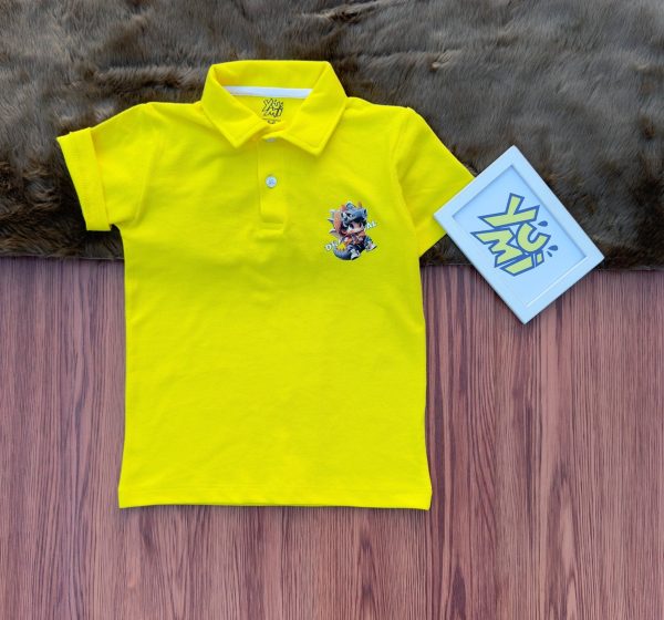 Vibrant Yellow Kids’ Polo Shirt with Playful Cartoon Print Supply